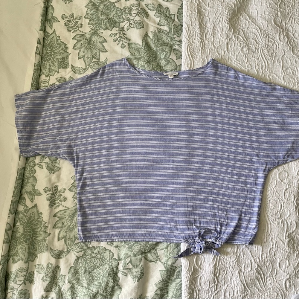 Beachlunch Lounge Blue & White Striped Linen Blend Wide Sleeve Side Tie Blouse - Picture 11 of 11